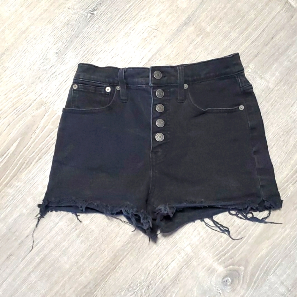 Madewell denim black distressed button fly shorts women size 25